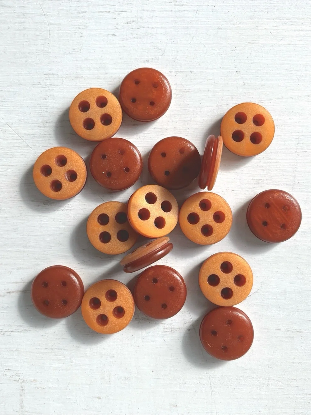 17 Unusual Vintage Sanded Round Plastic 4 hole Buttons w Groove Pumpkin Orange